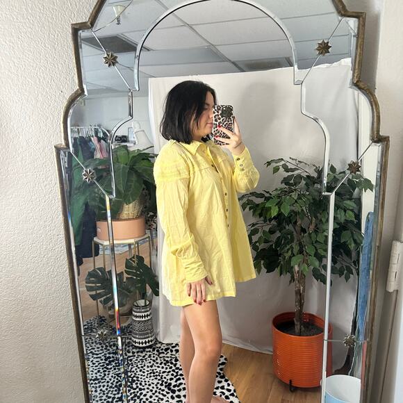 Free People Long Sleeve Button Front Mini Tunic Shirt Dress Yellow Size Small - Picture 8 of 8